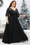 Black Illusion Sleeves A Line Chiffon Plus Size Mother of the Bride Dress