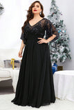 Black Illusion Sleeves A Line Chiffon Plus Size Mother of the Bride Dress