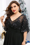 Black Illusion Sleeves A Line Chiffon Plus Size Mother of the Bride Dress