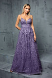 Dark Purple Deep V Neck Backless Maxi Tulle Wedding Guest Dress
