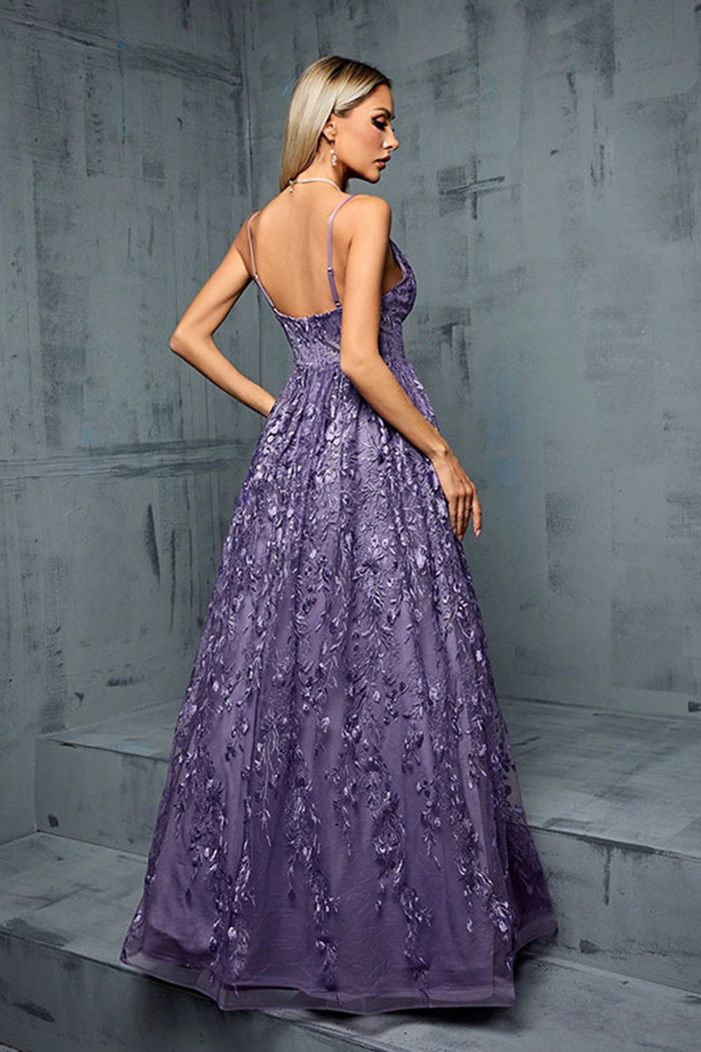 Leely Women Dark Purple Deep V Neck Backless Maxi Tulle Prom Dress