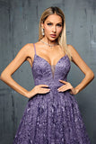 Dark Purple Deep V Neck Backless Maxi Tulle Wedding Guest Dress