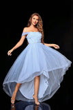 Light Blue Off the Shoulder Tulle High Low Wedding Guest Dress