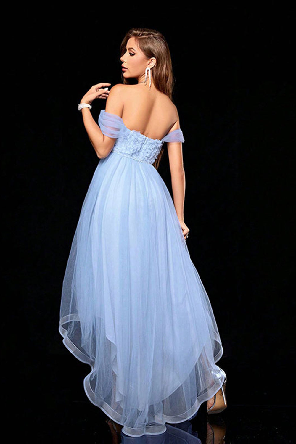 Leely Women Light Blue Off the Shoulder Tulle High Low Bridesmaid