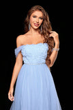 Light Blue Off the Shoulder Tulle High Low Wedding Guest Dress
