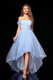 Light Blue Off the Shoulder Tulle High Low Wedding Guest Dress