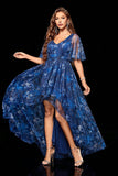 Half Sleeves Navy Floral Asymmetrical Wedding Guest Dress
