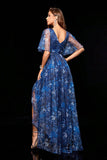 Half Sleeves Navy Floral Asymmetrical Wedding Guest Dress