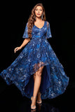 Half Sleeves Navy Floral Asymmetrical Wedding Guest Dress