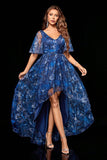 Half Sleeves Navy Floral Asymmetrical Wedding Guest Dress