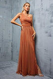 Brown One Shoulder Tulle A Line Wedding Guest Dress with Slit