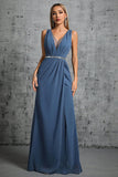Grey Blue V Neck Chiffon Sheath Long Bridesmaid Dress with Sash