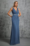 Grey Blue V Neck Chiffon Sheath Long Bridesmaid Dress with Sash