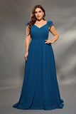 Ink Blue Chiffon Long Plus Size Mother Dress with Ruffles
