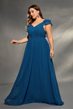 Ink Blue Chiffon Long Plus Size Mother Dress with Ruffles