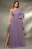 Grey Purple One Shoulder Chiffon Plus Size Mother Dress with Slit