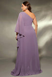 Grey Purple One Shoulder Chiffon Plus Size Mother Dress with Slit