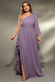 Grey Purple One Shoulder Chiffon Plus Size Mother Dress with Slit