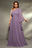 Grey Purple One Shoulder Chiffon Plus Size Mother Dress with Slit