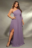 Grey Purple One Shoulder Chiffon Plus Size Mother Dress with Slit