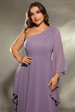 Grey Purple One Shoulder Chiffon Plus Size Mother Dress with Slit