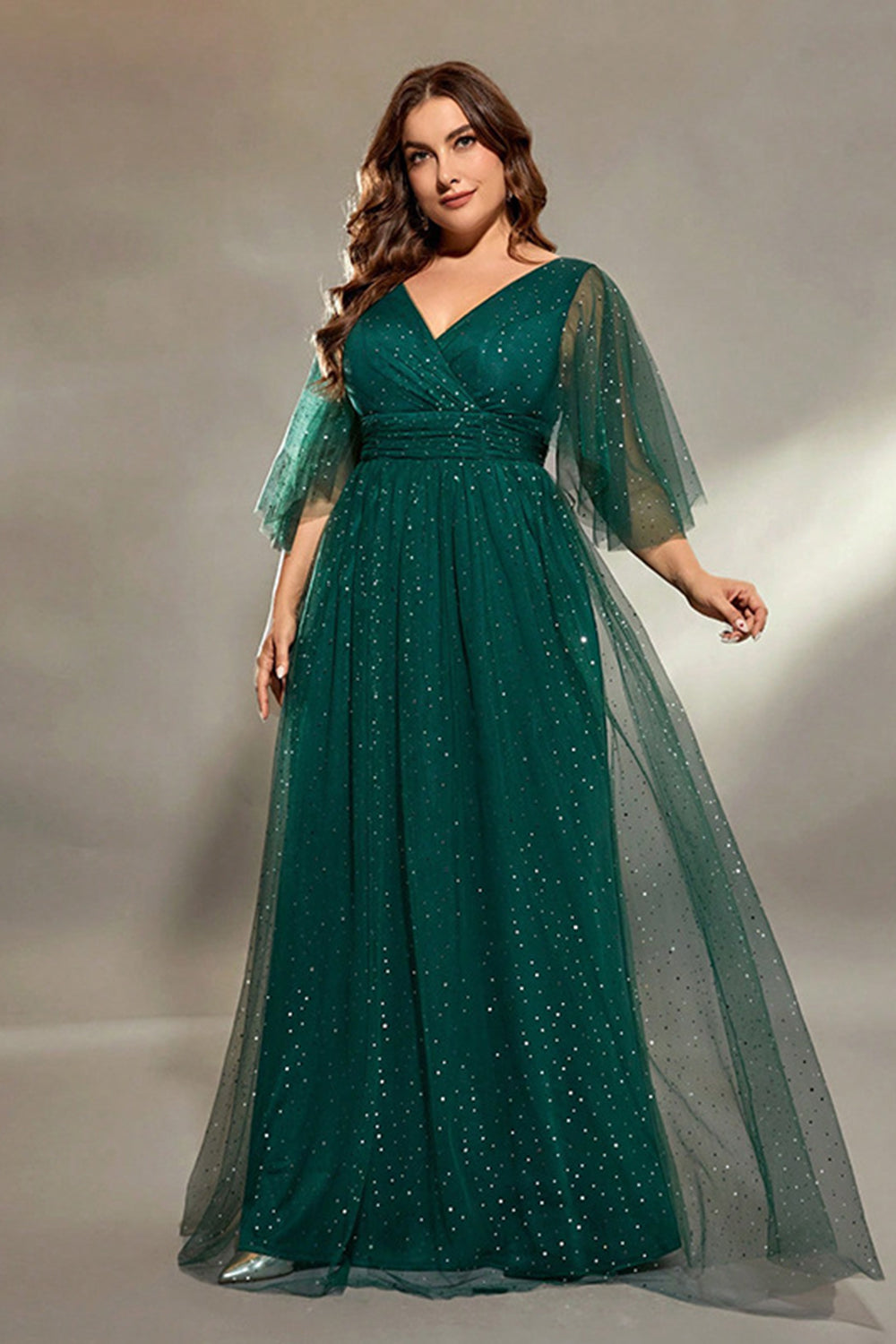 Leely Women Dark Green Glitter V Neck Tulle A Line Plus Size