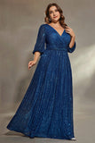 Sparkly Ink Blue Sequins A Line Long Plus Size Wedding Guest Dress