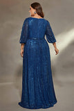 Sparkly Ink Blue Sequins A Line Long Plus Size Wedding Guest Dress