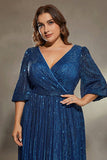 Sparkly Ink Blue Sequins A Line Long Plus Size Wedding Guest Dress