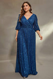 Sparkly Ink Blue Sequins A Line Long Plus Size Wedding Guest Dress
