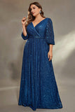 Sparkly Ink Blue Sequins A Line Long Plus Size Wedding Guest Dress