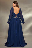 Navy Long Sleeves Chiffon Plus Size Mother Dress with Sequins