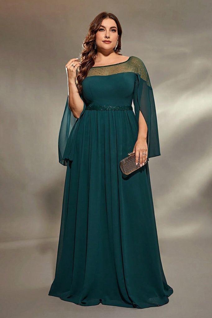 Illusion Neckline Chiffon Dress With Jacket Turquoise Plus Size