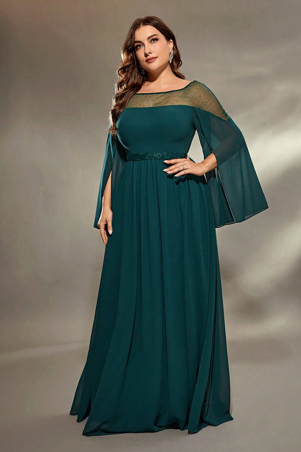 Leely Women Dark Green Illusion Neckline Chiffon Plus Size Wedding Guest Dress Long Slit Sleeves Mother of the Bride Dress leelyuk Leely Women Dark Green Illusion Neckline Chiffon Plus Size Wedding Guest Dress Long Slit Sleeves Mother of the Bride Dress leelyuk
