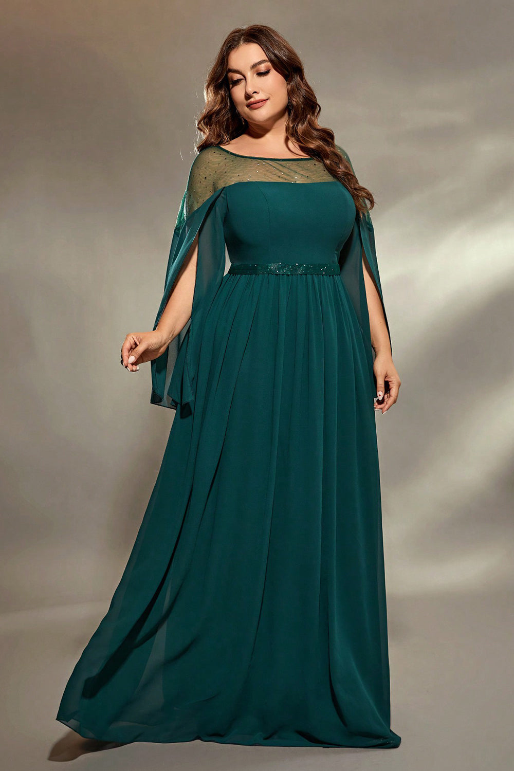 Leely Women Dark Green Illusion Neckline Chiffon Plus Size Wedding Guest Dress Long Slit Sleeves Mother of the Bride Dress leelyuk Leely Women Dark Green Illusion Neckline Chiffon Plus Size Wedding Guest Dress Long Slit Sleeves Mother of the Bride Dress leelyuk
