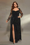Black Sparkly Sequins Mermaid Plus Size Wedding Guest Dress with Slit