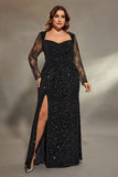 Black Sparkly Sequins Mermaid Plus Size Wedding Guest Dress with Slit