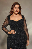 Black Sparkly Sequins Mermaid Plus Size Wedding Guest Dress with Slit
