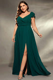 Dark Green V Neck Chiffon Long Plus Size Mother Dress with Slit