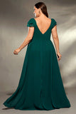 Dark Green V Neck Chiffon Long Plus Size Mother Dress with Slit