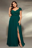 Dark Green V Neck Chiffon Long Plus Size Mother Dress with Slit