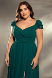 Dark Green V Neck Chiffon Long Plus Size Mother Dress with Slit