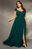 Dark Green V Neck Chiffon Long Plus Size Mother Dress with Slit