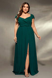 Dark Green V Neck Chiffon Long Plus Size Mother Dress with Slit