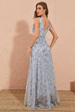 Sliver Grey A Line Floral Embroidery Long Prom Dress with Slit