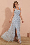 Sliver Grey A Line Floral Embroidery Long Prom Dress with Slit