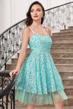 Sparkly Blue A Line Spaghetti Straps Sequins Tiered Short Cocktail Dress