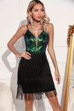 Sparkly Green Black Fringed Sequins Short Prom Dress
