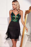 Sparkly Green Black Fringed Sequins Short Prom Dress
