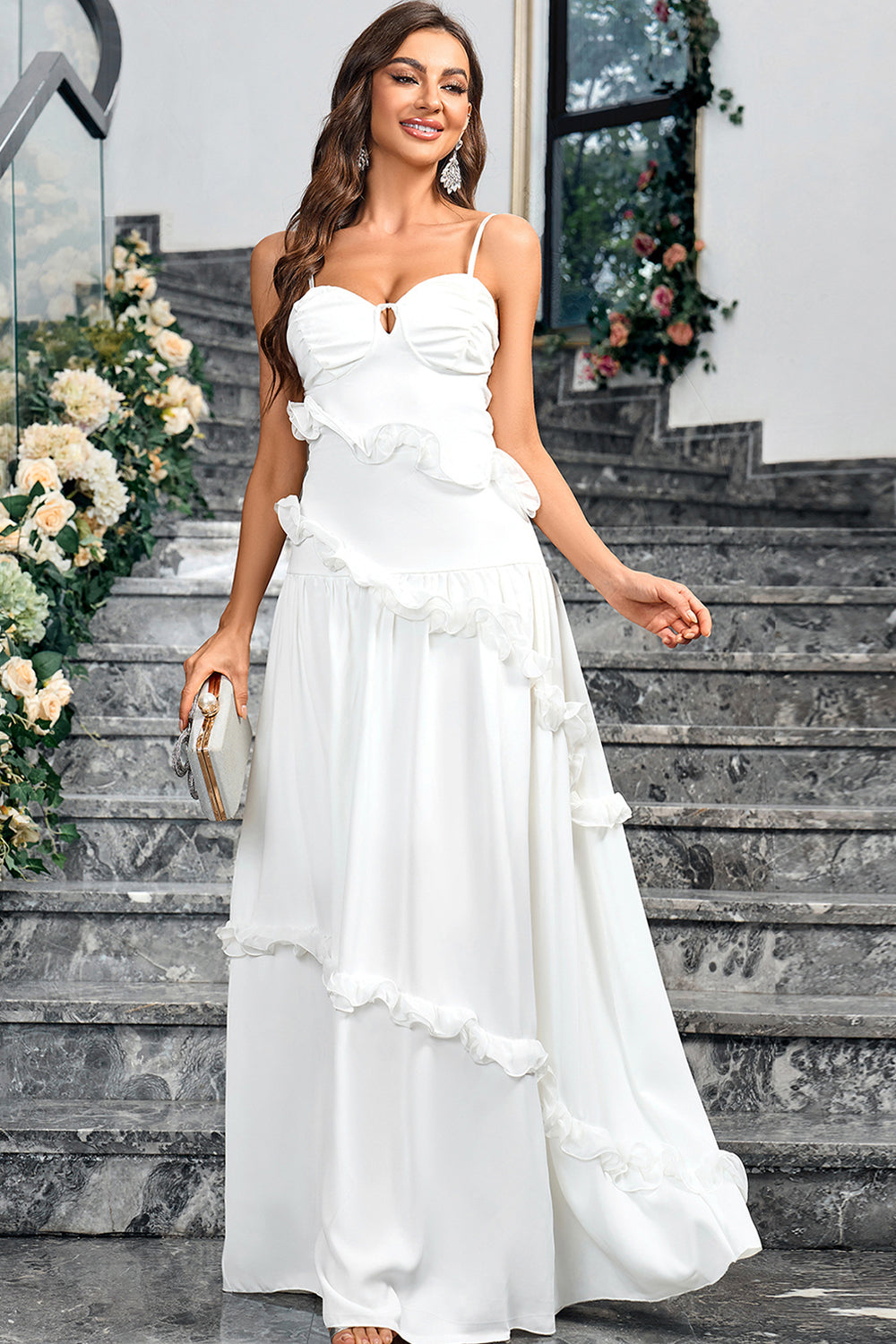 Leely Women White A Line Sweetheart Neck Spaghetti Straps Long Simple Dress leelyuk